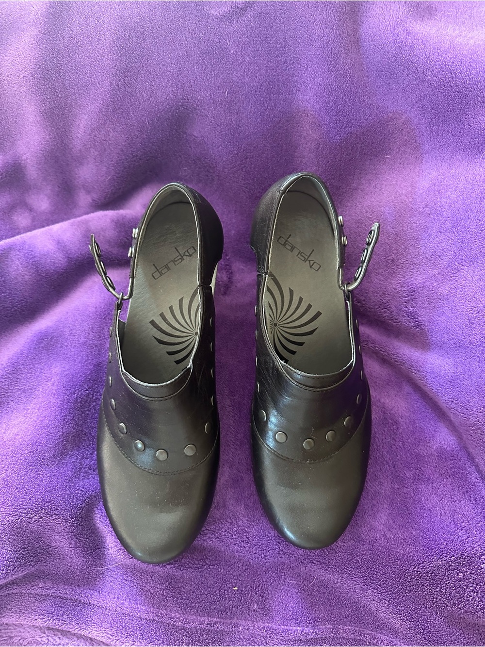 Dansko Black Leather Mary Jane Mule with Stud Details